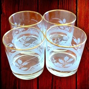 HP 😊 4 Vtg Hallmark Border Print Glasses Gold Rim Etched Holly Christmas Eggnog